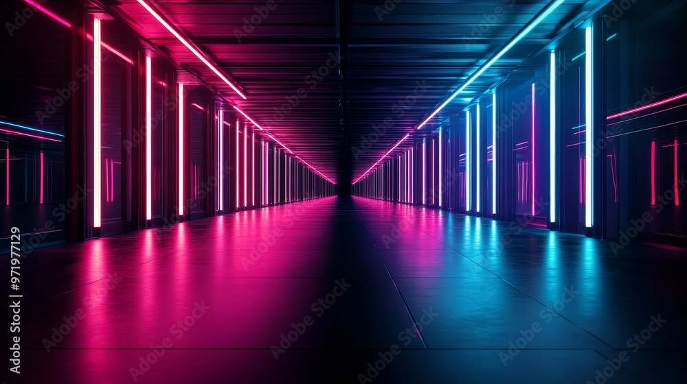 A futuristic corridor illuminated by vibrant pink and blue neon lights, creating a captivating and otherworldly atmosphere. This image symbolizes innovation, technology, progress, and the pursuit of a A futuristic corridor illuminated by vibrant pink and blue neon lights, creating a captivating and otherworldly atmosphere. This image symbolizes innovation, technology, progress, and the pursuit of a