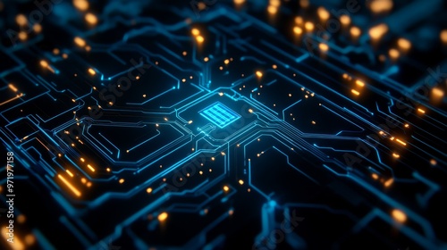 A futuristic digital art piece showcasing a close-up of a circuit board, with vibrant blue lines and glowing orange accents. It symbolizes technology, innovation, connectivity, and the power of artifi