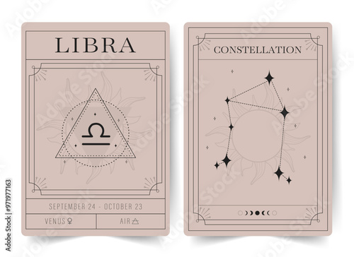 Libra. Witchcraft cards with astrology zodiac sign and constellation. Modern boho astrology posters. Perfect for tarot readers and astrologers. Vector illustration.
