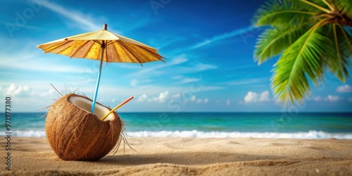 Wallpaper Mural Tropical beach concept with coconut fruit and sun umbrella, tropical, beach, coconut, fruit, sun umbrella Torontodigital.ca