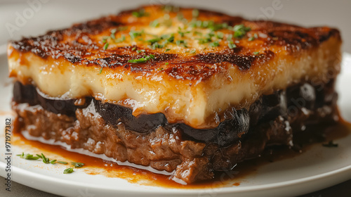 Greek moussaka, baked layers of eggplant and meat, isolated on white background, traditional Greek cuisine, simple and clean presentation, no extra elements photo