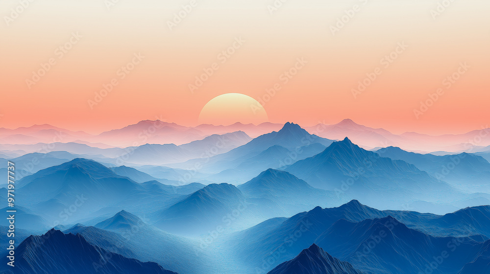 A beautiful mountain range with a blue sky and a sun in the background. The sun is setting, creating a warm and peaceful atmosphere A beautiful mountain range with a blue sky and a sun in the background. The sun is setting, creating a warm and peaceful atmosphere
