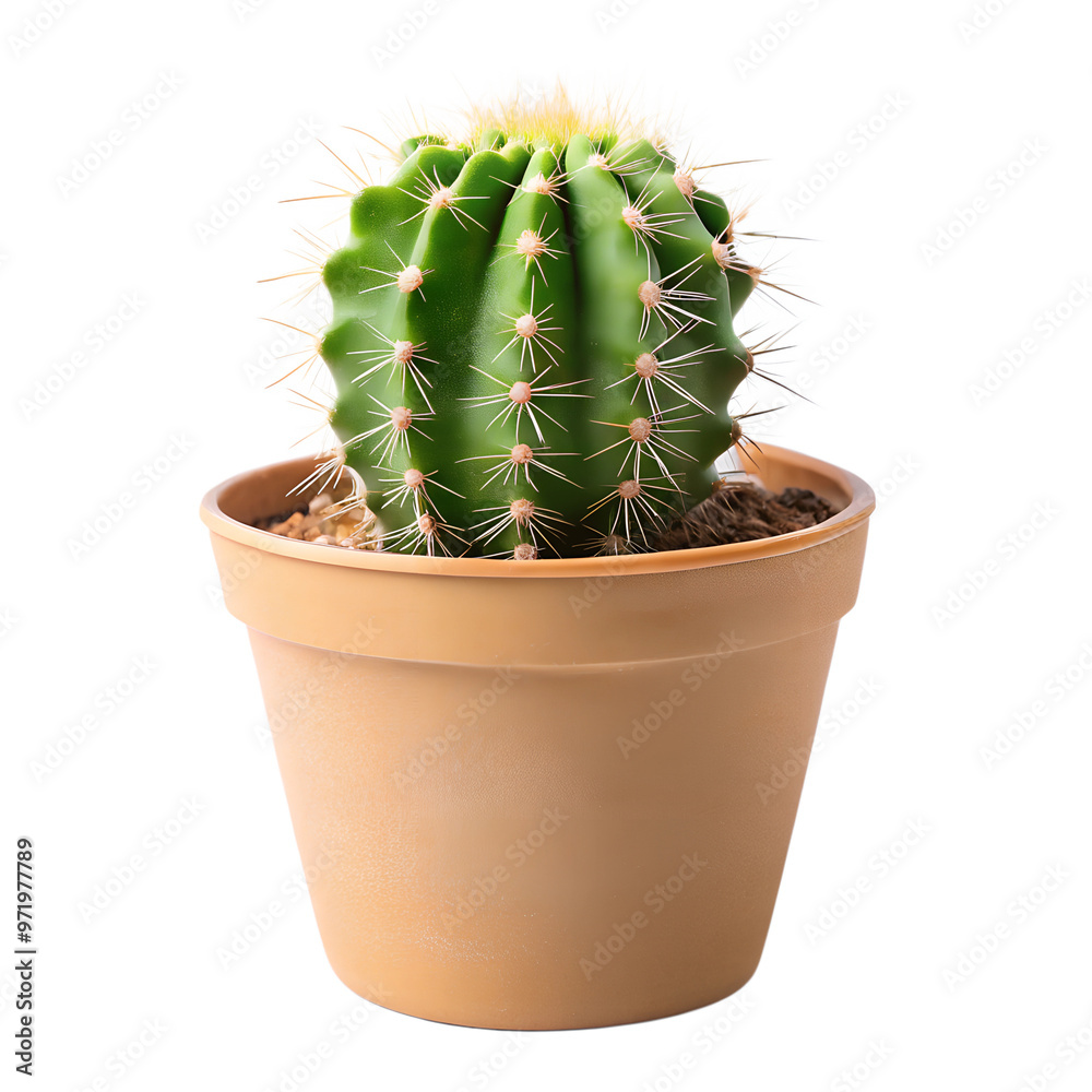 A small green cactus with spines, planted in a simple beige pot with a transparent background A small green cactus with spines, planted in a simple beige pot with a transparent background