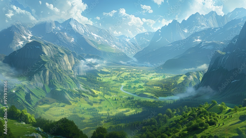 Create a scene of adventurers discovering a hidden valley surrounded by mountains Create a scene of adventurers discovering a hidden valley surrounded by mountains