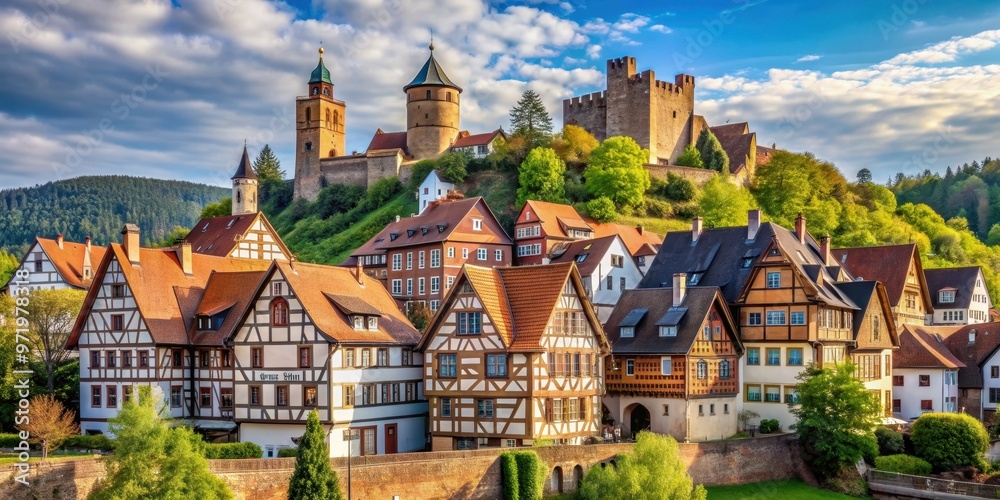 Obraz premium Scenic medieval town of B?dingen in Hessen with half-timbered buildings and castle , Germany, Oberhessen