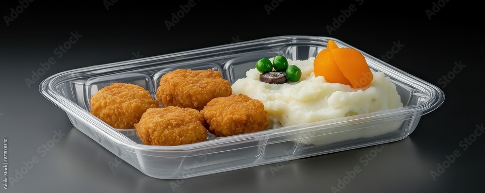 School lunch tray featuring chicken nuggets and mashed potatoes, with peas and a small dessert, served on a plastic tray School lunch tray featuring chicken nuggets and mashed potatoes, with peas and a small dessert, served on a plastic tray