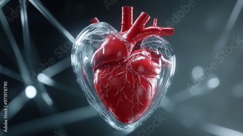 A human heart encased within a transparent, geometric framework, symbolizing protection, support, and the delicate balance of well-being. This image represents the intricate network that sustains our  photo