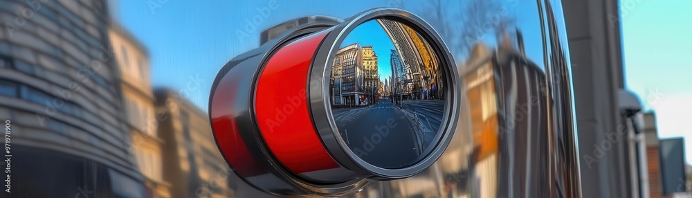 Obraz premium A close-up view of a chrome mirror reflecting urban scenery, showcasing details of the city and modern architecture.