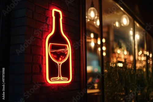 A glowing neon sign featuring a wine glass and bottle, perfect for bar ambiance and nightlife photography.