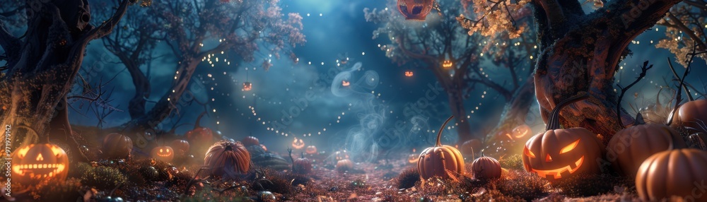 Fototapeta premium Spooky Halloween night in a forest with glowing Jack-O'-Lanterns and fog creating an eerie atmosphere