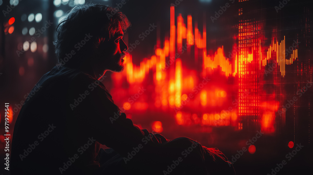 A man is sitting in a dark room looking at a computer screen with red lines. The man is focused on the screen, possibly analyzing data or working on a project A man is sitting in a dark room looking at a computer screen with red lines. The man is focused on the screen, possibly analyzing data or working on a project