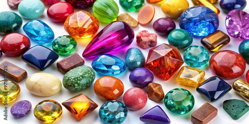 A collection of vibrant gemstones in assorted shapes and colors, collection, shiny, vibrant, gemstones, cuts, colors A collection of vibrant gemstones in assorted shapes and colors, collection, shiny, vibrant, gemstones, cuts, colors