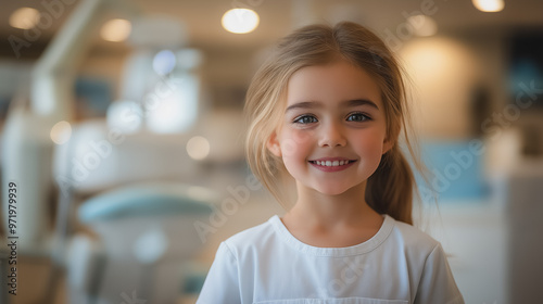 A young girl with blonde hair and a white shirt is smiling for the camera. The image has a cheerful and lighthearted mood, as the girl appears to be happy and enjoying herself