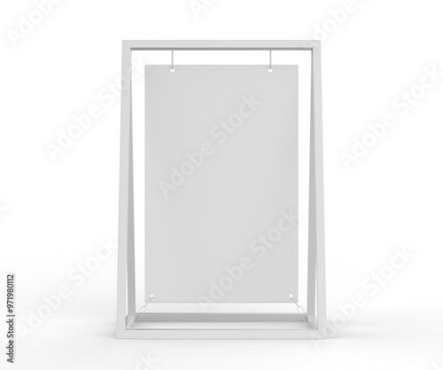 Metal blank a frame with swinging banner board 3d render illustration.