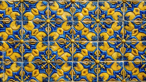 yellow blue dark blue white pottery tile background Medium Shot