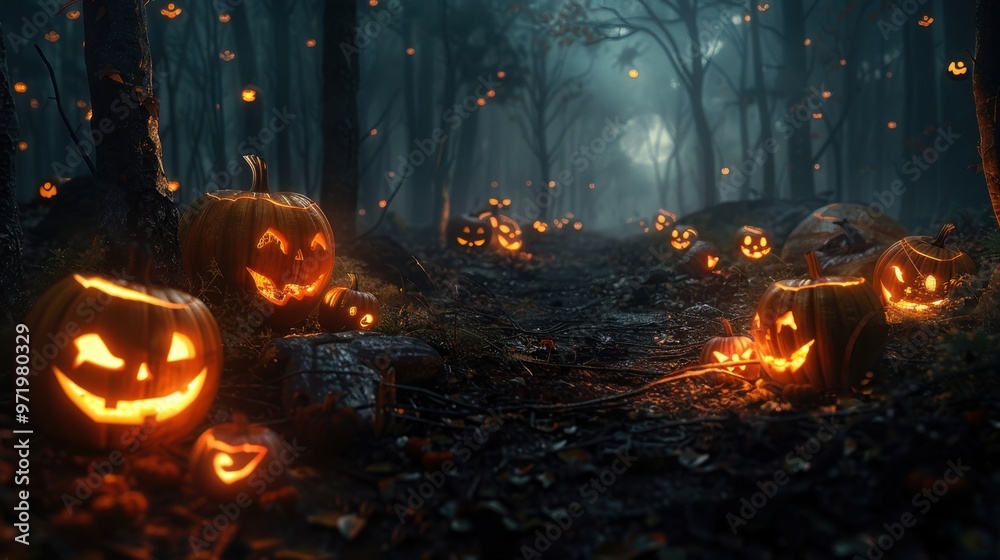 Eerie Halloween forest scene with glowing jack-o'-lanterns scattered among trees, creating a spooky and magical atmosphere.