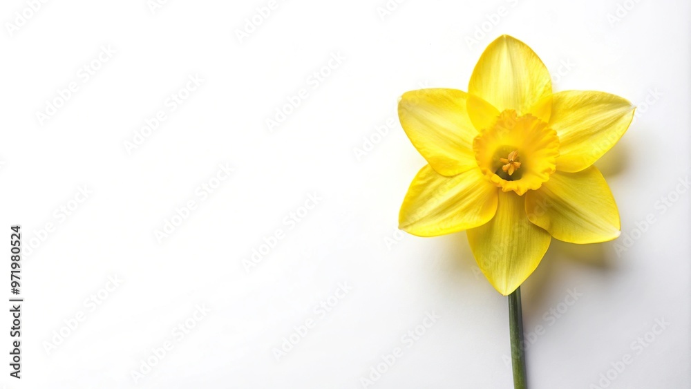 Fototapeta premium Yellow daffodil flower viewed from above on white background