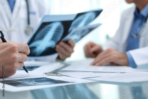 Close-up of doctors discussing treatment plans while reviewing printed medical diagrams and X-ray films, radiology review, paper documents