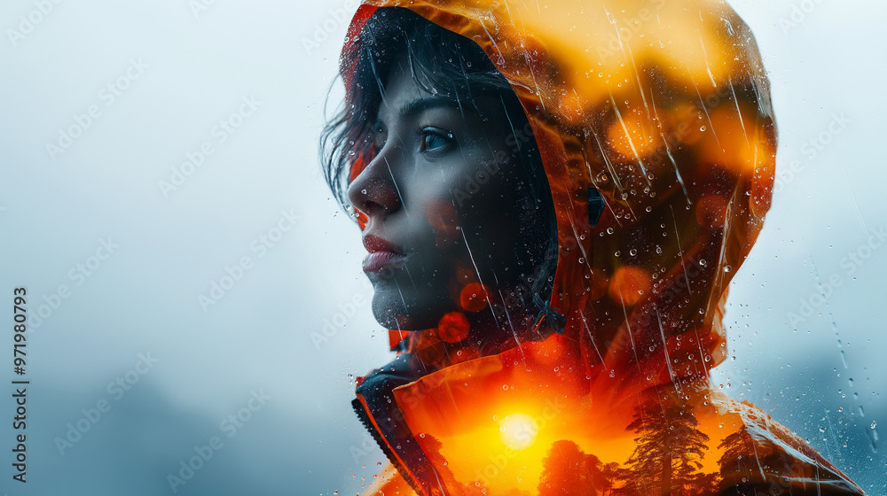 A woman in a yellow raincoat is looking out at the sun. The image is a silhouette of a woman with a sun in the background