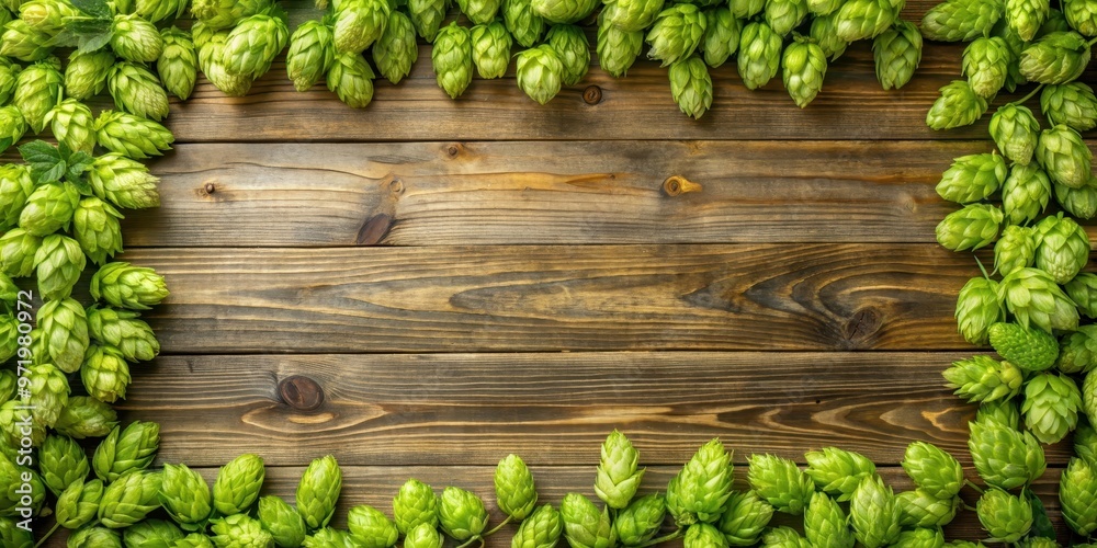 Φωτογραφία Wooden background with fresh green hop frame, wooden, background, fresh, green,