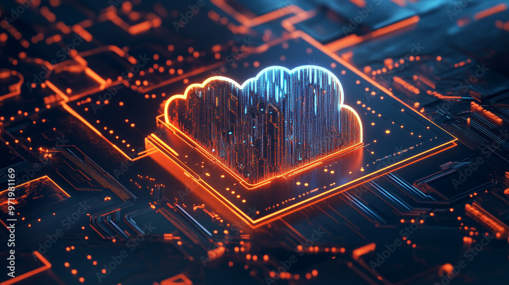 Futuristic cloud computing concept illustration with glowing circuitry and data streams Futuristic cloud computing concept illustration with glowing circuitry and data streams
