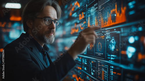 A man in a suit is pointing at a computer screen with a lot of numbers and graphs. He is focused and engaged in the data displayed. Concept of professionalism and expertise