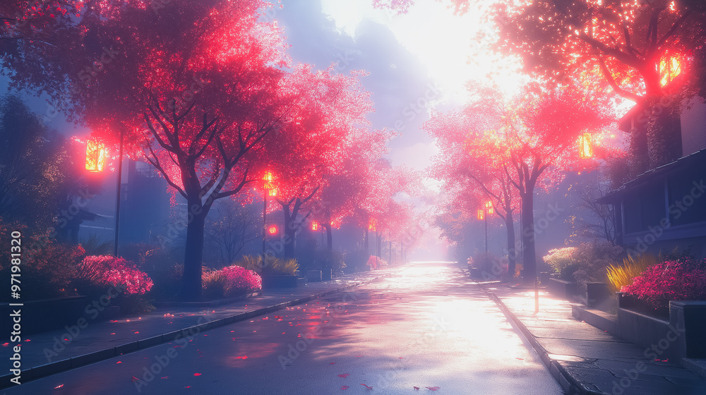 A street scene with a red tree in the foreground and a pink sky in the background. The street is empty and the trees are bare