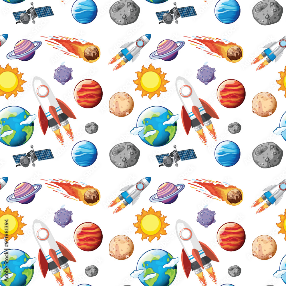 Naklejka premium Seamless Space Exploration Pattern