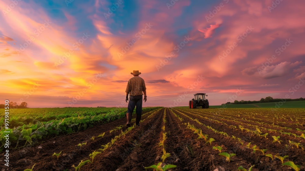a farmer in the field at sunset a farmer in the field at sunset