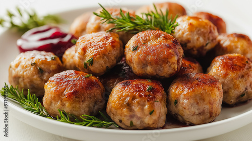 Swedish meatballs, served with lingonberry sauce, isolated on white background, traditional Swedish dish, simple and clean presentation, no extra elements