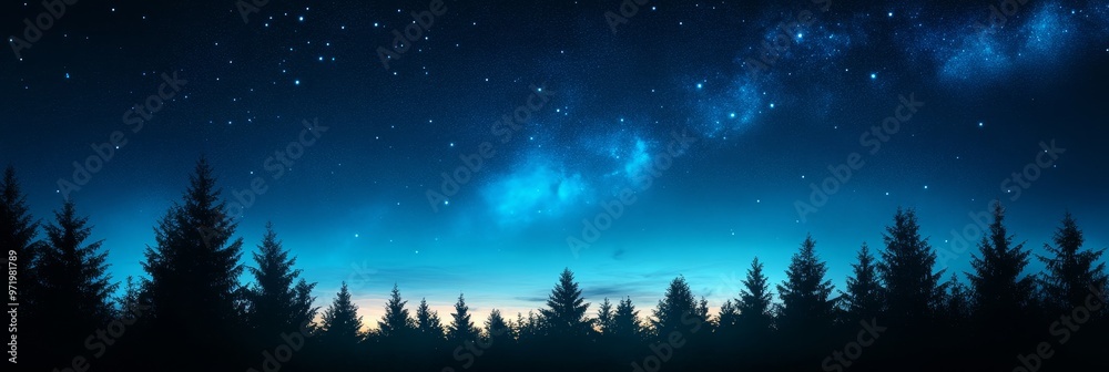 Fototapeta premium A mesmerizing night sky with a vast expanse of stars and a soft, ethereal glow, set against the silhouette of a dense pine forest. The scene evokes a sense of wonder, tranquility, and the vastness of 