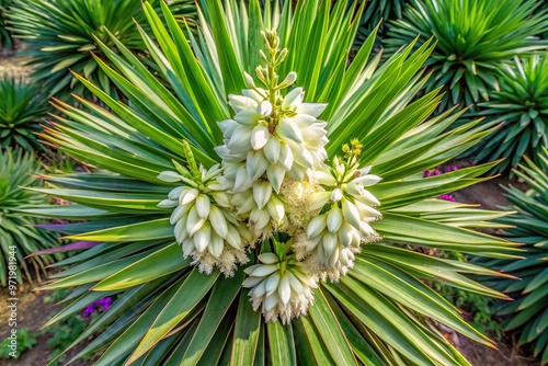 Yucca Gloriosa succulent shrub with white flowers aerial closeup