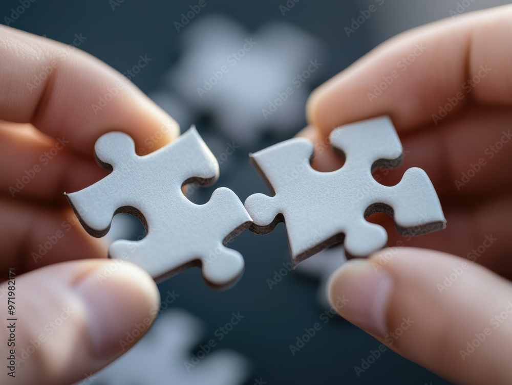 Two hands holding puzzle pieces, symbolizing connection, teamwork, and problem-solving in a creative context. Two hands holding puzzle pieces, symbolizing connection, teamwork, and problem-solving in a creative context.