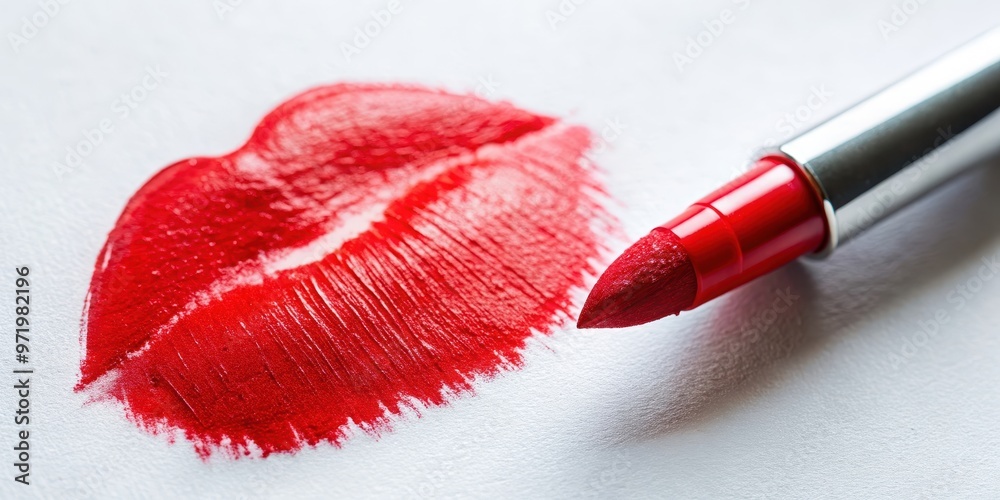 Obraz premium Close up of a bright red kiss mark on a white surface, romance, love, affection, lipstick, symbol, affectionate