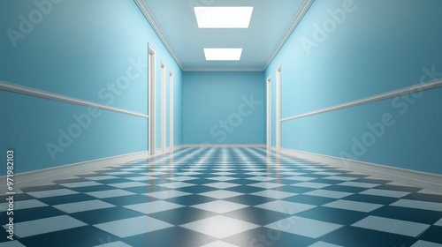 A minimalist hallway with blue walls, white trim, and a checkered black and white floor. The hallway is well-lit, creating a sense of space and tranquility. The design is simple yet elegant, symbolizi photo