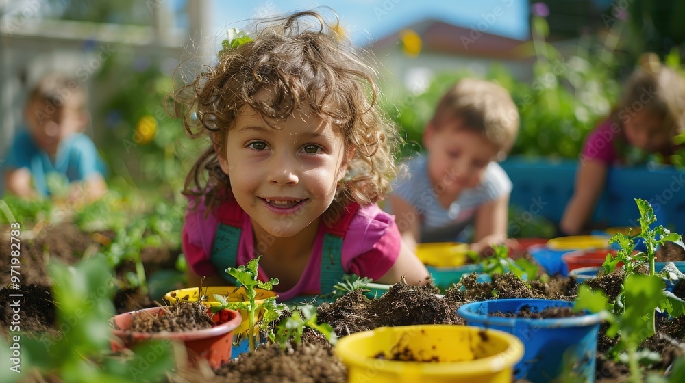 Generate an Earth Day scene with kids learning about composting in a school garden, with colorful educational displays Generate an Earth Day scene with kids learning about composting in a school garden, with colorful educational displays