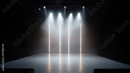A modern stage setup with four spotlights casting beams of light onto a dark stage. The light beams are creating a sense of drama and excitement. This could symbolize the beginning of a performance, t