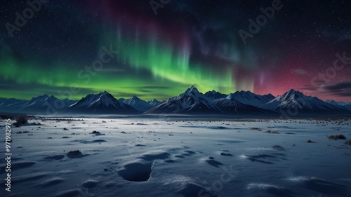 A realistic illustration of the natural phenomenon of the aurora in the night sky around the North Pole and South Pole photo