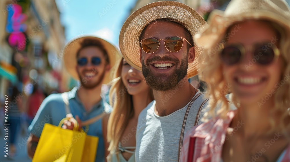 Create a high-resolution scene of a group of friends shopping together with reusable bags, enjoying a sustainable shopping experience Create a high-resolution scene of a group of friends shopping together with reusable bags, enjoying a sustainable shopping experience