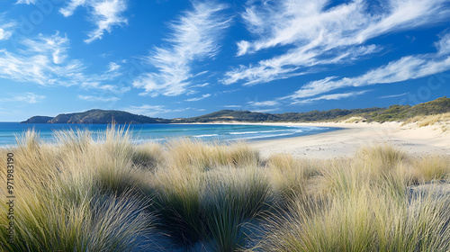 A coastal scene featuring salt-tolerant Australian flora like spinifex and coastal banksia growing near sandy dunes  photo