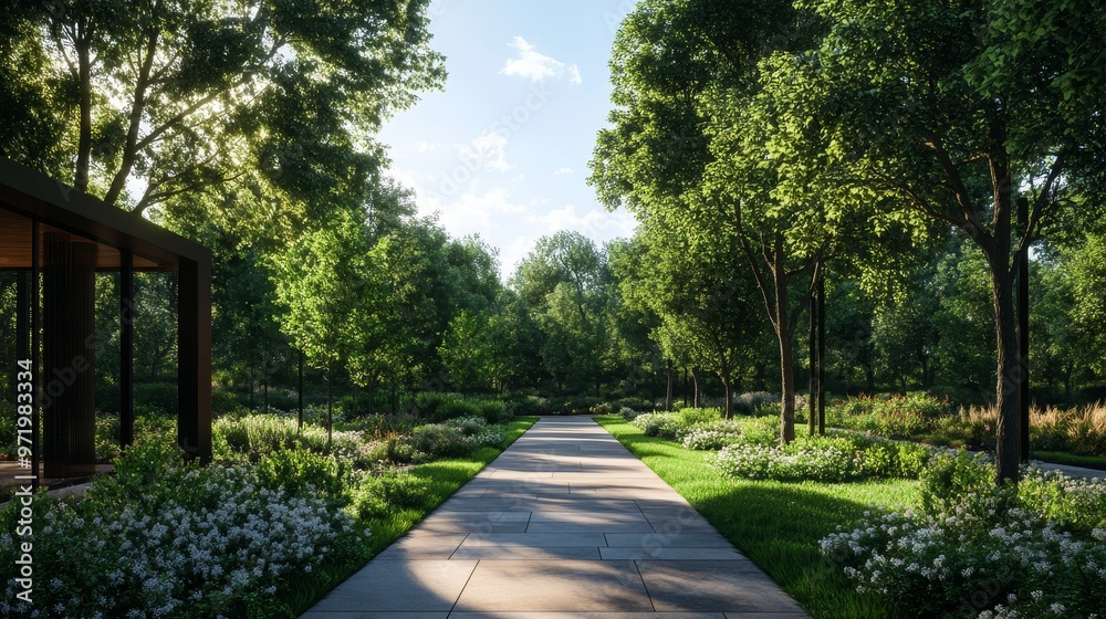 Obraz premium A peaceful pathway winds through a meticulously landscaped garden, with mature trees lining the sides, showcasing the beauty of nature and architecture. The path symbolizes tranquility, growth, and th