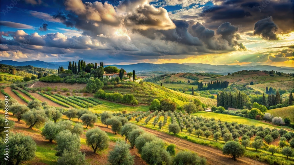 Naklejka premium Scenic view of Tuscan countryside with moving clouds, Mediterranean scrub, olive trees