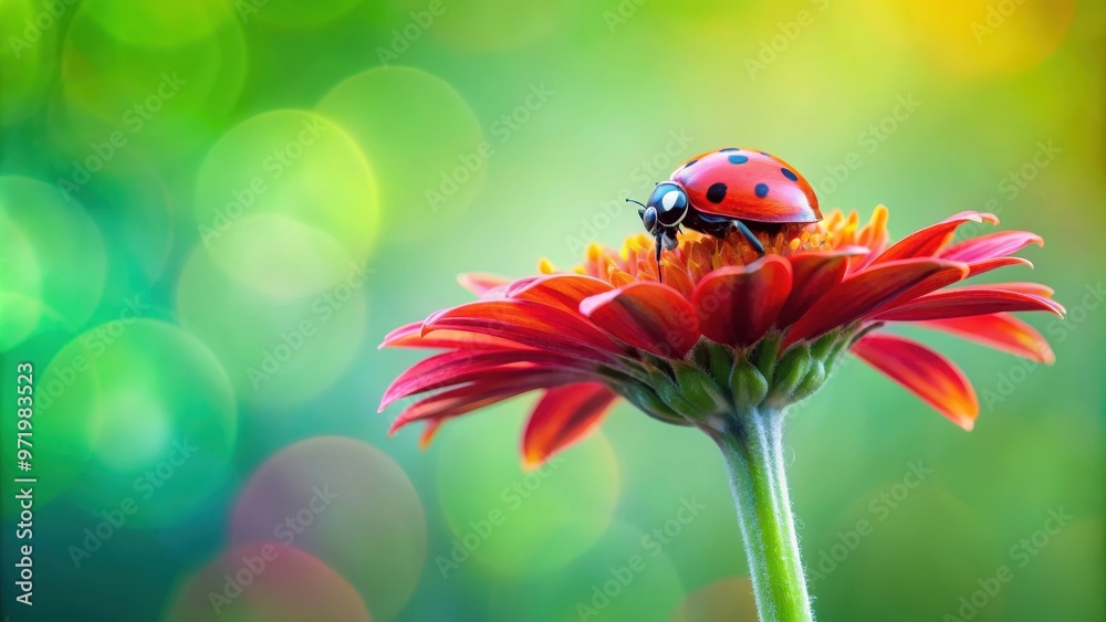 Obraz premium Close up of ladybug on red flower with blurred green background, Ladybug, insect, red flower, nature, close up, macro, garden