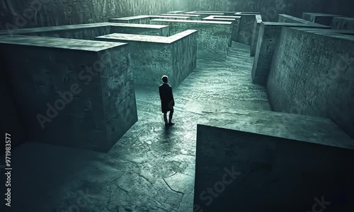 A man walks through a maze of concrete blocks