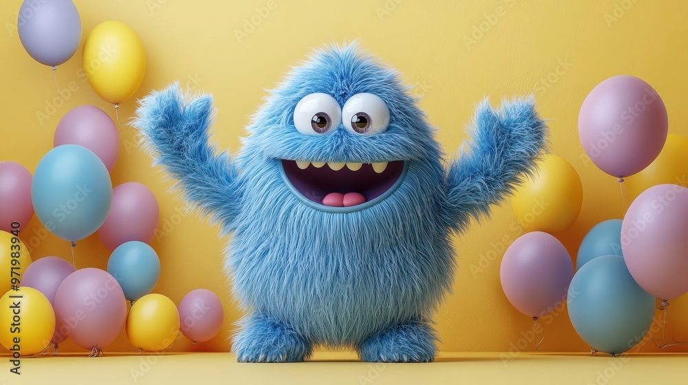 Fototapeta premium funny hairy blue monster dancing with air balloons cartoon character celebrating birthday party festive clip art isolate on yellow background
