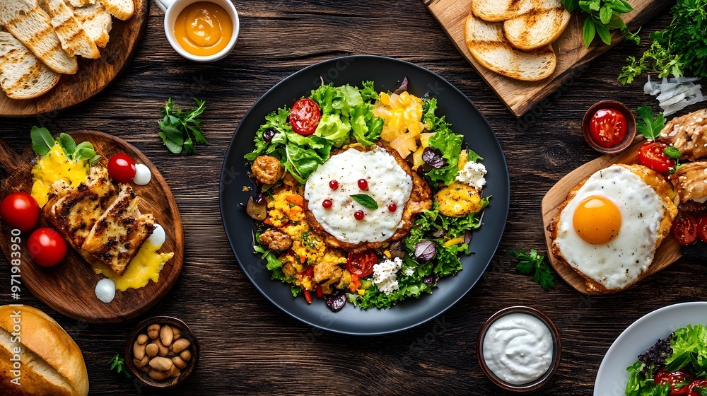 Delicious and healthy meal with fried egg, salad and bread. Delicious and healthy meal with fried egg, salad and bread.