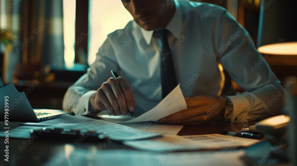 Focused businessman reviewing documents and taking notes at his desk, symbolizing hard work and dedication in an office environment. Focused businessman reviewing documents and taking notes at his desk, symbolizing hard work and dedication in an office environment.