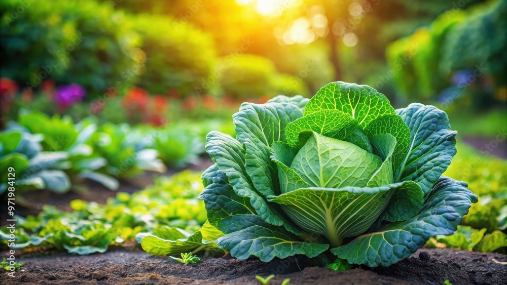 Cheerful cabbage standing tall in a vibrant garden, cabbage, cheerful, happy, garden, nature, fresh, organic, green, vegetable