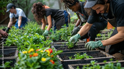Design a high-resolution image of volunteers planting herbs and flowers in raised garden beds in an urban community garden