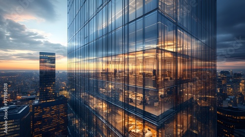 A Modern Glass Skyscraper Reflecting a Cityscape at Sunset